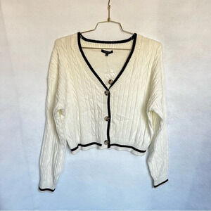 Cardigan Sweater Cable Knit Oversized Boxy Ivory Cream Cropped Ribbed Cozy
